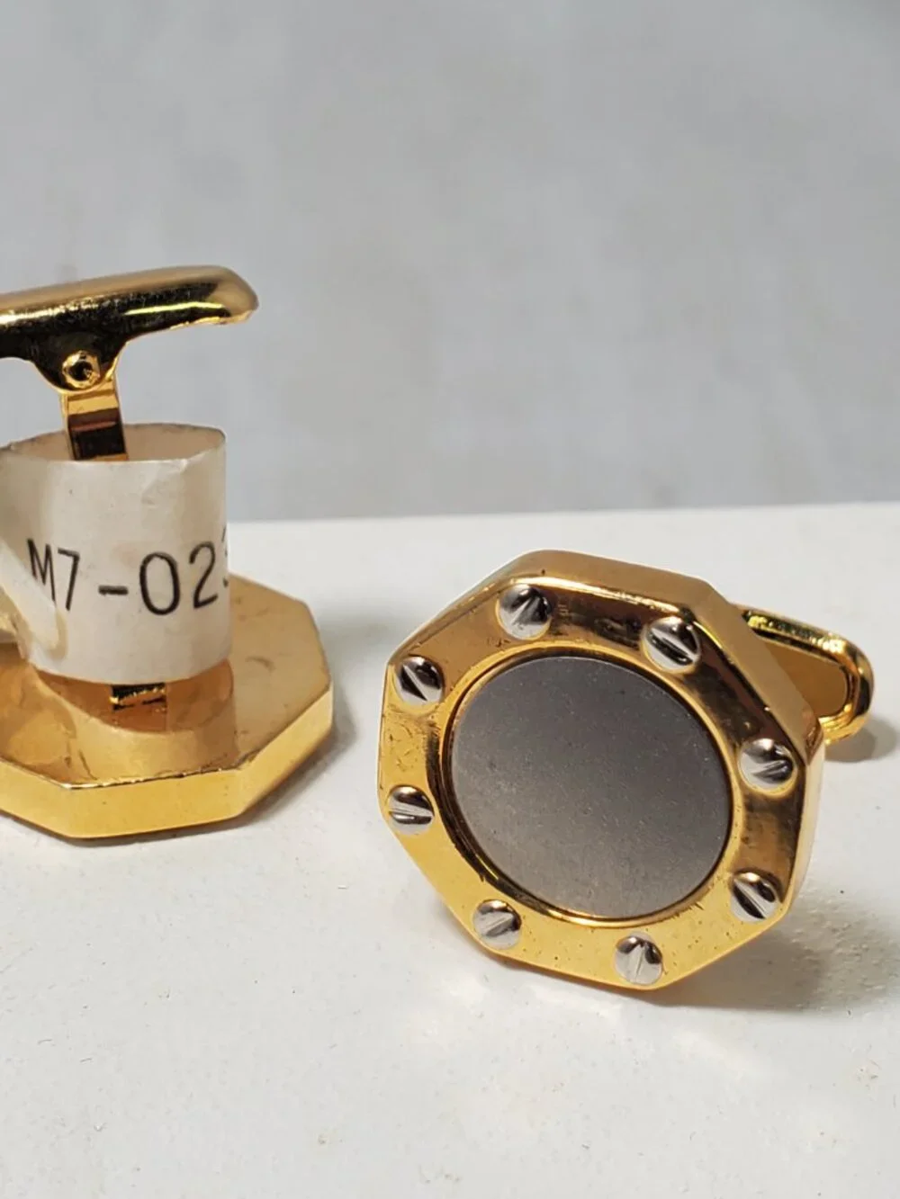 Designer Style Octagonal Geometric gold Cufflink  Tie Slide Set w/ Silver Center